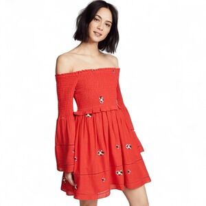Free People Counting Daisies Red Off-Shoulder Embroidered Dress M‎